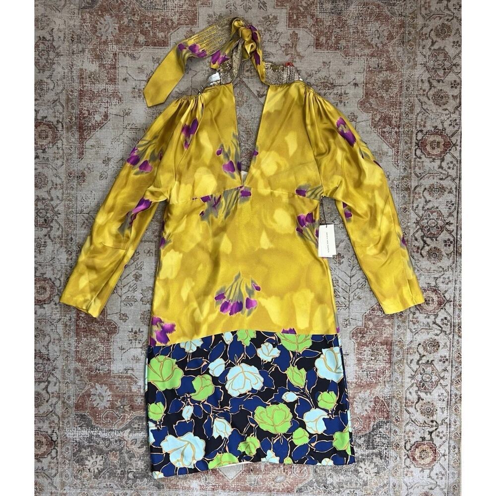 Dries Van Noten Sequin Yellow Floral Silk Delville Midi Dress Runway Size 38 - Picture 2 of 16